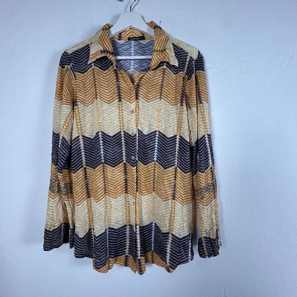 David Cline Womens Long Sleeve Chevron Pattern Sun Button Up Shirt Large Yellow - Picture 1 of 8
